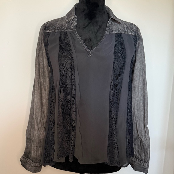 Free People Denim & Lace Boho Blouse Size XS Gray Black Sheer Panel Top - Picture 9 of 16